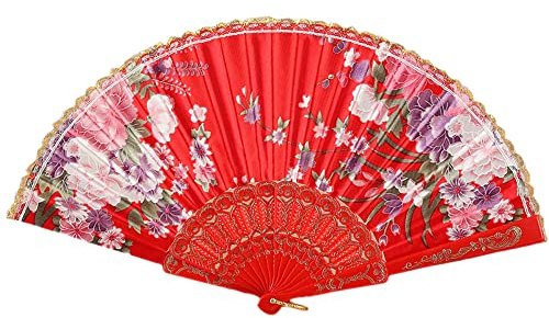 Duories Handfächer Fächer Fans Faltfächer Klappfächer Vintage Handheld Faltventilator Chinesischen Vintage Stil Handfächer für Damen Herren Frauen Wanddekoration Hochzeit Party Geschenke, Rot