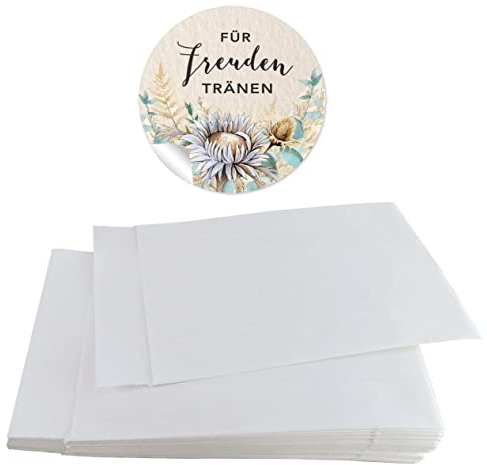 Set Freudentränen Eukalyptus Trockenblumen Hochzeit 48 Sticker Aufkleber + 48 Flachbeutel 63 x 93 mm für Taschentücher Verpackung (Tüten + Sticker Eukalyptus Trockenblume beige grün weiß)