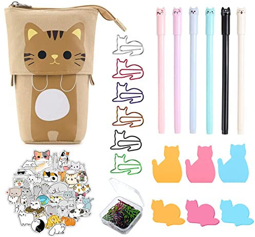KKSJK Kinder Katzen Federmäppchen Set, 1 Khaki Katze Mäppchen, 6 Gelschreiber, 50 Katzen Stickers, 30 Büroklammern, Sticky Notes, Geschenke für Mädchen und Kinder