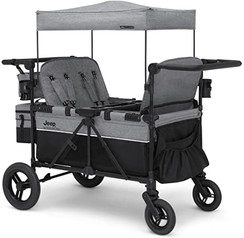 Jeep Wrangler Deluxe 4 Seater Stroller Wagon by Delta Children - Premium Quad Stroller Wagon for 4 Kids with Convertible Seats, Adjustable Push/Pull Handles, Removable Canopy & Flat Fold, Grey