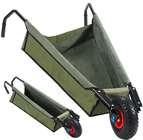 BBTO Folding Wheelbarrow - 88lbs Lightweight Gardening Cart With 10 Pneumatic Tire - Heavy Duty Oxford Cloth Lawn Cart for Adult, Grass, Soil, Brick, Leaf, Garden Supplies