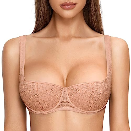 DOBREVA Donna Reggiseno Balconcino Push Up Imbottito con Ferretto in Pizzo Taglie Forti Crema di caffè 3B