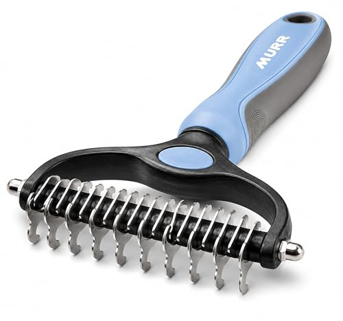 Dog grooming rake, de matting brush for dogs, undercoat brush for cats, pet knot remover, dematting comb, black and blue
