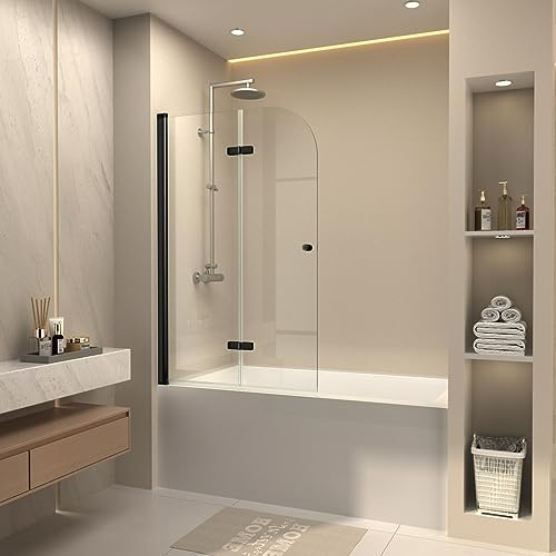 CKB Pivot Tub Shower Door, 35“ W × 55” H, 1/4 SGCC Tempered Glass with Easy Clean, Reversible, 180 Degree Rotation and Bifold, Matte Black