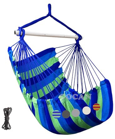 Großer Hängematten-Schaukelstuhl，100x135cm，metallene Spreizstange(blau) | Tragkraft bis 150 kg, breiter Sitz, geeignet für Innen, Außen, Garten, Terrasse und Veranda
