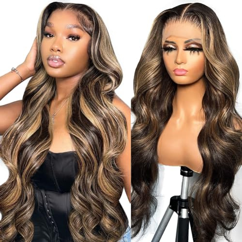 30 Zoll Echthaar Perücke Ombre Highlight 13x4 Transparent Lace Front Wig Human Hair, Body Wave Wigs for Black Women, 2/27 Blonde Perücken Echthaar Glueless Wig Human Hair (75cm)