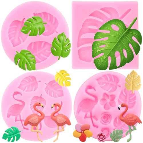 RFGHAC Tropische Blatt Silikonformen Flamingo Fondant Form Monstera Blätter Süßigkeiten Form für Kuchen Dekorieren Cupcake Topper Candy Polymer Clay Schokolade Gummipaste 4 Stück, ZB221CK