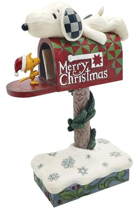 Enesco Peanuts by Jim Shore Snoopy and Woodstock on Merry Christmas Mailbox Figurine- Stone Resin Hand Crafted Painted Collectible Peanuts Snoopy Figurines Christmas Home Decor Statue, 7.28 Inch