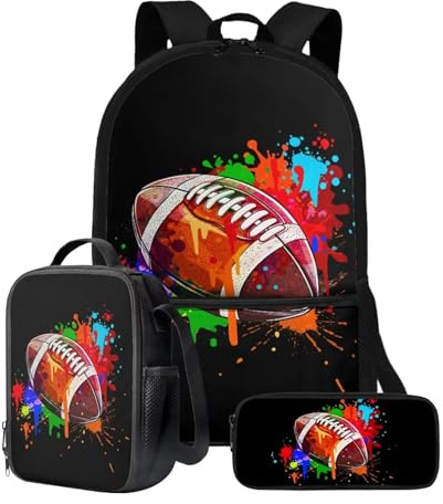 Xoenoiee Colorful Paint American Football Print Backpack Set for Kids Boys Girls 17in Large School Bag with Lunch Bag Pencil Bag Primary Elementary Bookbag 3 Pcs Set