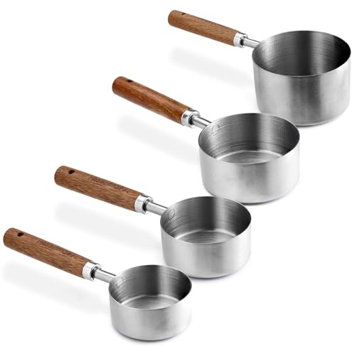 LELE LIFE Set mit 4 Edelstahl-Messbechern mit Holzgriff, 250/125/80/60 ml, Metall-Messschaufel für Küche, Lebensmittel, Backen, Kochen
