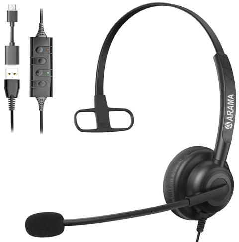 Arama USB Headset with Microphone for PC One Ear, Headset with Mic, Noise Cancelling Volume Control, 63.6 Inches, Wired, for Home Office Call Center Online Class Skype Zoom (with a Type C Adapter)