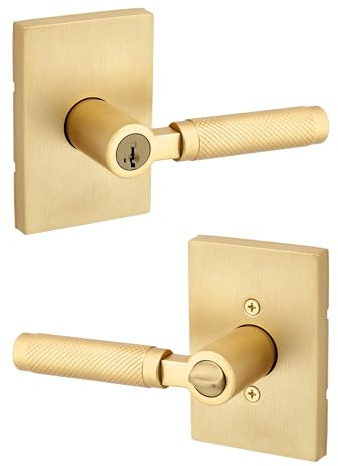 Kwikset Prava Entry Door Handle with Lock and Key, Secure Keyed Reversible Lever Exterior, for Front Entrance and Bedrooms, Satin Brass, Pick Resistant Smartkey Rekey Security and Microban