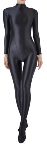 Fldy Damen Glänzend Jumpsuit Ganzkörperanzug Sport Bodysuit Yoga Overall Eng Einteiler Ganzkörper Kostüm Gymnastik Tanz Ballett Leotard Schwarz XL