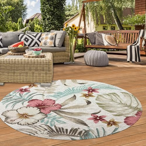 Teppich-Traum In-und Outdoor Teppich Flur Balkon wetterbeständig pflegeleicht Outdoor Blumen Blätter Design türkis bunt 200 cm Rund
