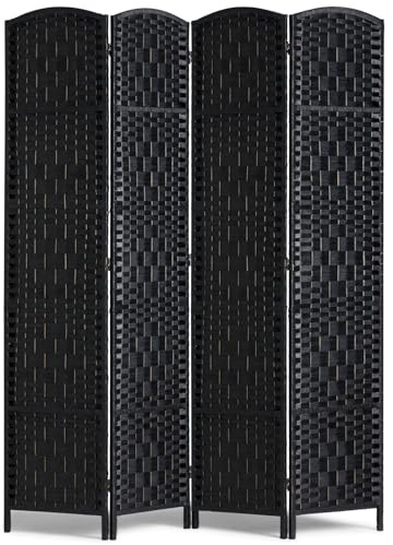 VEVOR 4 Panel Room Divider, Hand-Woven Folding Privacy Screens with Hinges, Portable and Freestanding Partition Room Dividers and Wall Divider for Room Separation, Black