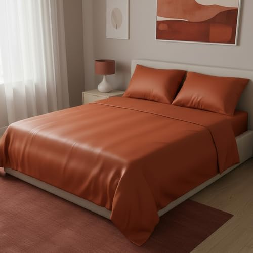 KASANOVA Set lenzuola matrimoniale in raso di cotone 100% - completo letto 4 Pezzi, morbido e traspirante, effetto seta (Ruggine)