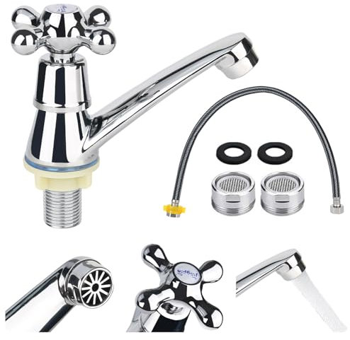 XCDMJ Grifo de Baño Simple de Agua Fría para Lavabo, Moderno Grifo de Lavabo Cromado, Grifo de Baño de Agua Fría, Grifo con Manguera de Conexión de 60 cm, Grifo para Lavabo y Baño