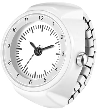 JewelryWe Orologio da dito casual al quarzo: orologio da uomo e donna in acciaio inossidabile con cinturino elastico rotondo analogico al quarzo con numeri arabi quadrante ad anello, bianco, Adult