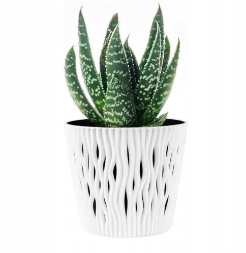 B2C Indoor Plant Pots with Insert Plastic Flowerpot Small Large Planter Home Decor Wavy Grooves Texture Removable insert (White, 19cm)