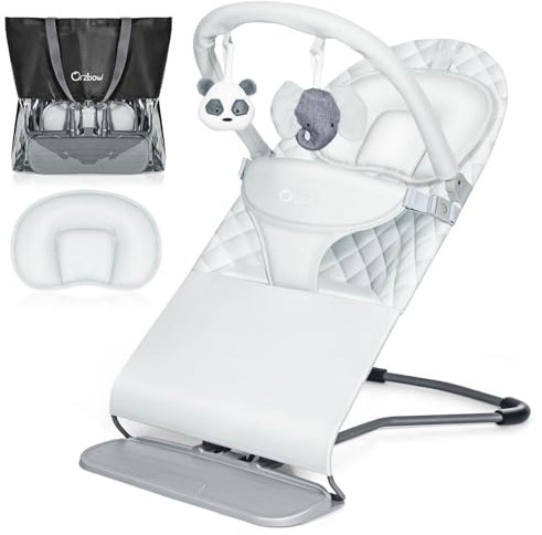Orzbow Klappbar Babywippe, Tragbarkeit Baby Bouncer für Außenaktivitäten, Verstaubar Baby Wippe mit Spielbogen, 3 Einstellbar Positionen, bis zu 9 Kg, 0-12 Monate, Grau