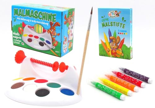 STEINWOHN XL Kinder-Ostereier-Malset 1 Eiermalmaschine inkl. 8 Farben + Pinsel & 5 Eier-Malstifte Osterfarben für Ostereier Wasserfarben