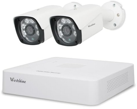 WESTSHINE Kit Cámaras de Vigilancia, Detección de Persona/Vehículo, 5M-N 4CH H.265+ Grabadora DVR y 2 5MP Cámaras Vigilancia CCTV Exterior, IP67 Impermeable, Visión Nocturna(Disco Duro No Incluido)