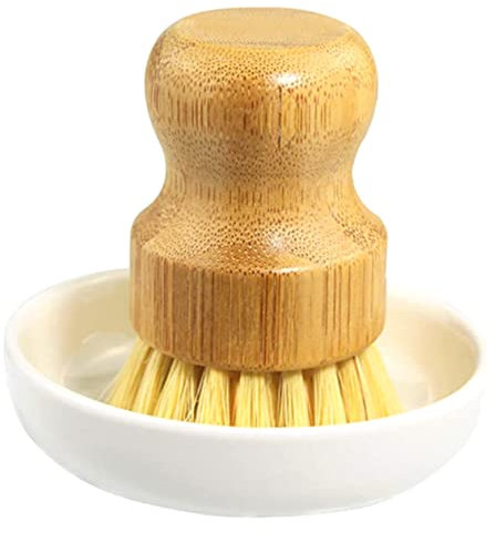 COLLBATH Dish Scrub Brush Pot Cleaner Bamboo Ceramic Kitchen Cleaning Brush for Non-Stick Cookware Practical Multi-Use Wok Cleaner with 2Pcs Set for Home Use