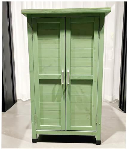 OWOHYG Wooden Outdoor Waterproof Storage Cabinet With 2 Layers Doors And Green Color Ideal For Small Tools Pool Toys And Lawn Durable Garden Tool Shed