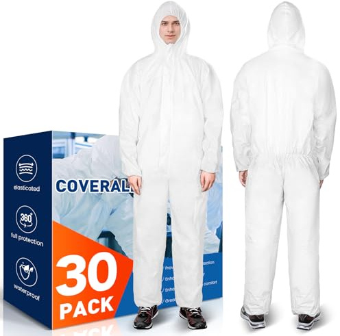 CAREGY Hazmat Suits 30 Pack Disposable Protective Coveralls, Heavy Duty Full Body Painters Suit for Men & Women with Elastic Wrists, Ankles and Hood, Available in 4 sizes-Large