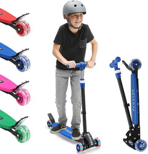 Scooter for Kids 3-12, Kid Scooters with Extra-Wide Deck, 165 lb Capacity, 3 Wheel Lean to Steer Kick Scooter with Adjustable Height Handlebar, Light Up Wheels for Stable Smooth Riding, Boy Child Gift