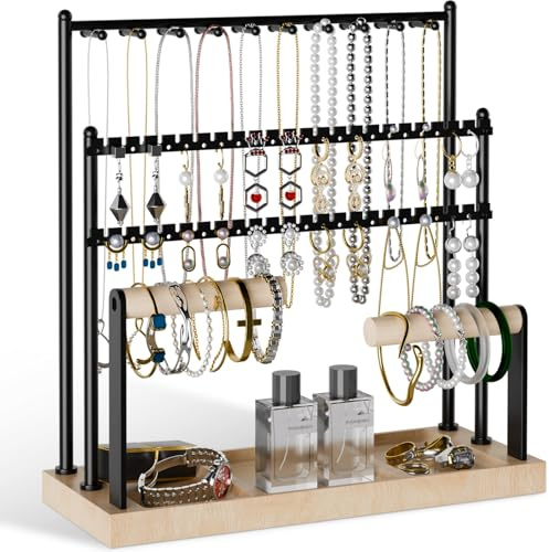 HQCM Jewellery Stand Tangle-Free Hanging Tree for Necklace Earring Stud Bracelet, Vintage Jewelry Organiser Ring Display Gift Holder Hanger with Wooden Tray