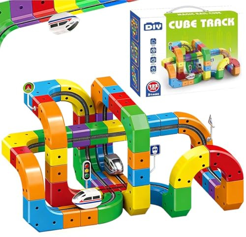 Electric Train Set 123 PCS, Train Toy with 3D Racing Cube Track STEM | Construction Toys with Traffic Signs, Toys for 3 Year Old Boys, 5 Year Old Boy Gifts, Toys for 7 Year Old Boys