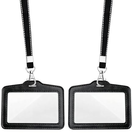 Tharvolex 2 Pack Clear Badge Holders with Lanyard - Double Sided Faux Leather ID Card Holder for Office/Transport/Events, Horizontal (Black)