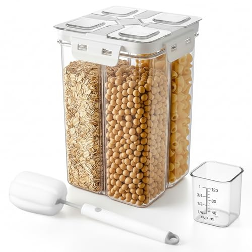 Yeswell Contenitori da 2,4 l con coperchio, ermetici, 4 griglie trasparenti, con misurino e spazzola per la pulizia, contenitori versatili, organizer da cucina