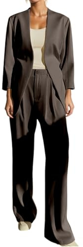 Generisch Hosenanzug Damen 2 teiler Business Anzug Set Slim Fit Anzugjacke Hohe Taille Hosenanzüge Zweiteiler Cardigan Sakko Hose Outfit Elegant Langarm Blazer Weitbeinhose Arbeitsanzug Einfarbig