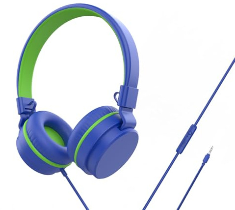 Barnhörlurar, on-ear trådbundna hörlurar för skolan, säker volym begränsad 85/94 dB, HD-mikrofon stereoljud flickor pojkar trådbundna hörlurar för barn, vikbart headset för resor, dator, plan, Kindle