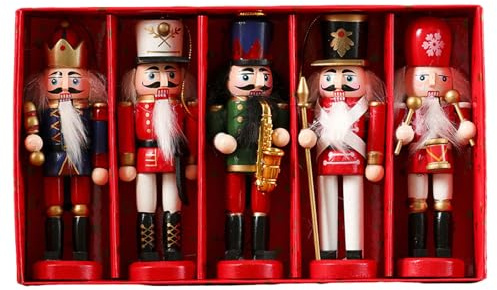 Fictory 5 adornos de cascanueces de madera, decoraciones de soldado de Navidad rojo y verde para mesa, estante, mantel y decoración del hogar de vacaciones