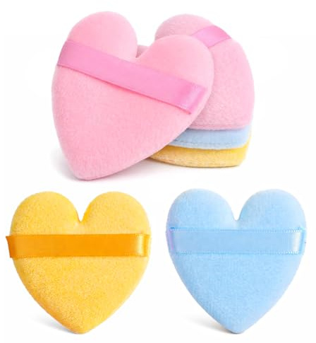 6 Pcs Makeup Puff, Soft Heart Shape Velvet Face Applicator with Ribbon Strap, for Foundation, Pressed Powder and Blush - Pink, Yellow, Blue