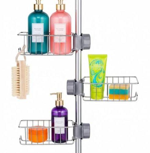 Genérico Organizzatore per doccia senza trapano, set di 3 ripiani regolabili per tubo da 18-25 mm, accessori da bagno, mensola per lavello, dimensioni 17 x 14 cm