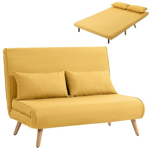 HOMCOM Sofá Cama de 2 Plazas Plegable 3 en 1, Sofá Cama, Tapizado en Lino, con Respaldo Ajustable 5 Posiciones, 2 Almohadas, para Dormitorio, Salón, Amarillo