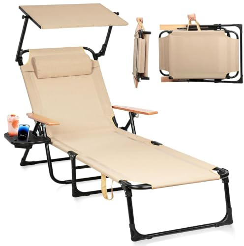 Strandliege Klappbar Leicht, Gartenliege Wetterfest ,Sonnenliege mit Rstellbarer Rückenlehne, Nackenkissen und Getränkehalter, Liegestuhl Für Balkon, Garten, Pool und Strand (Beige mit Baldachin)