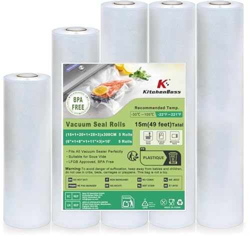 KitchenBoss Bolsas Vacío para Alimentos 5 Rollos 28x3/20x1/15x1/300 cm, Rollos Envasadora al Vacio para Conservación de Alimentos, Bolsas Vacio Alimentos Sin BPA