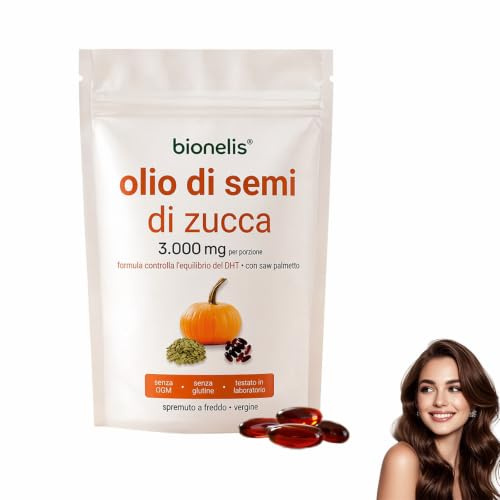 Bionelis Olio di Semi di Zucca e Saw Palmetto 3000mg, 2026 Olio di Semi di Zucca per Capelli, Vegano, Favorisce la Crescita dei Capelli, 180 Capsule Softgel (1 borsa)