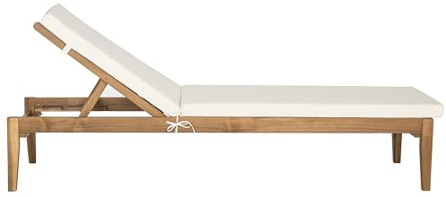 SAFAVIEH Outdoor Collection Arcata Natural Solid Wood/Beige Cushion Adjustable Chaise Lounge Chair (PAT6730A)