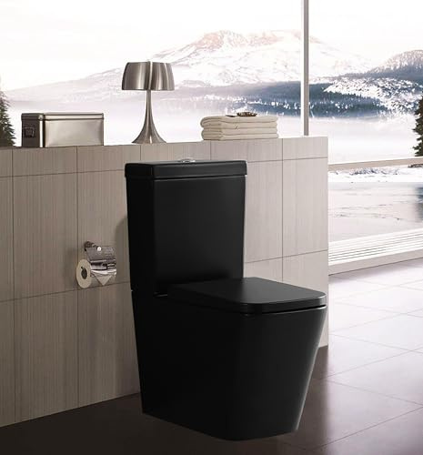 Matt Black Close Coupled Toilet Rimless Back to Wall Bathroom Toilets WC Ceramic Pan with Soft Close Seat Dual Flush Cistern Modern Square Style Comfort Flush to Wall Toilet