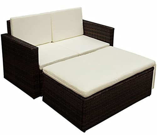 YITHOPI Poly Rattan Lounge Set, 2-Sitzer Sofa mit Rückenlehne, großer Hocker mit klappbarer Stütze, inkl. Dicke Auflagen, Gartenmöbel Set für Garten & Terrasse Braun