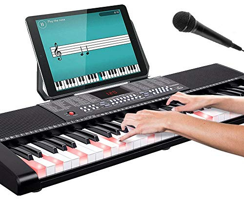 Bakaji Teclado musical plano electrónico, 61 teclas multifunción con 255 ritmos, 50 canciones preestablecidas, entrada AUX y soporte para partituras