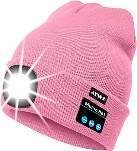 ATNKE LED beleuchtete Bluetooth Beanie Kappe, wiederaufladbare USB-Musikalische Laufmütze mit extrem hellem 4 LED Licht wasserdichte Lampe für das Skifahren