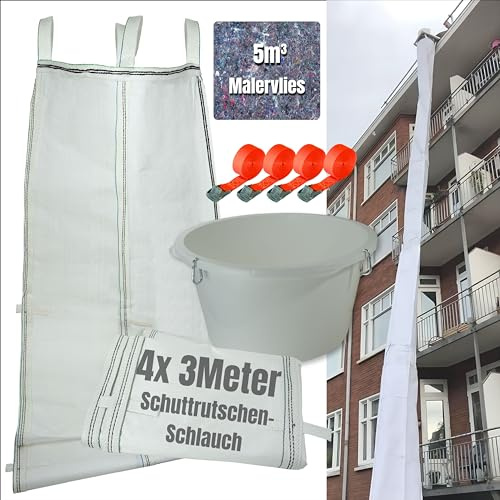 Schuttrutsche 12m | Flexible 4X 3m Schläuche, hohe Stabilität, einfache Installation | Bauschuttrutsche inkl. Einfülltrichter, 4X Spanngurt und 5m³ Malervlies optimales Set für Bauschutt-Entsorgung