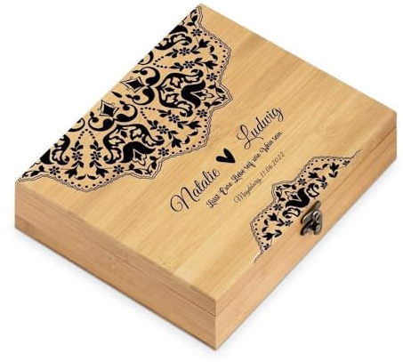 Maverton Weinöffner-Set personalisiert Weinset Sommelier Set - Geschenkbox Holzbox + 6er Weinzubehörset - aus Bambus - Braun - Geschenk Hochzeit Hochzeitstag Paar - Liebe reif wie Wein